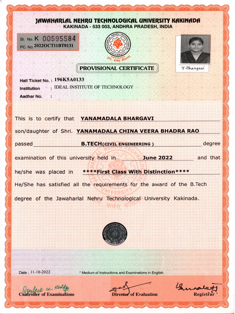 B.Tech Degree Certificate - First Class Distinction | PDF