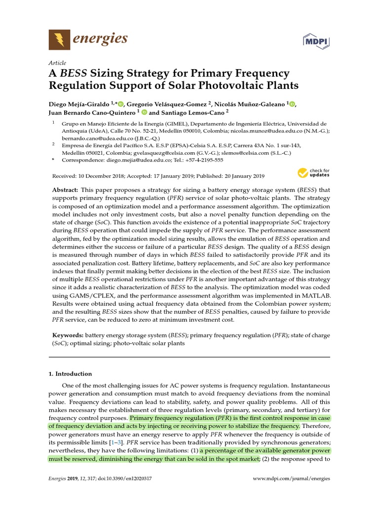 BESS Sizing for Solar Frequency Regulation | PDF