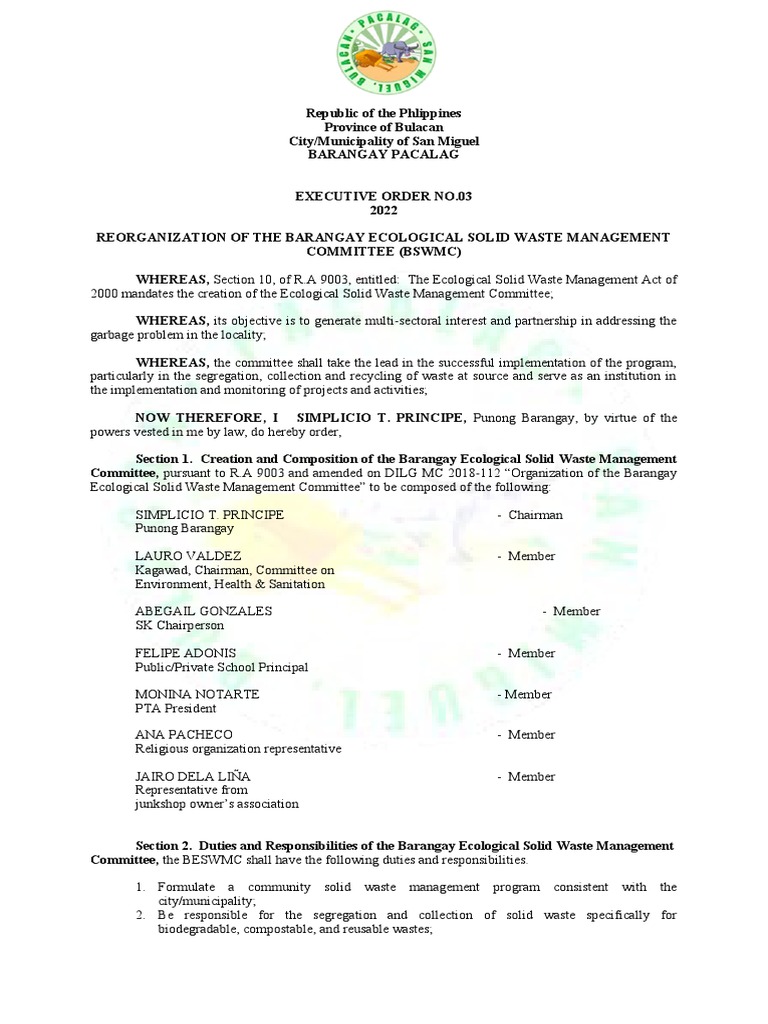 Executive order beswmc pdf waste management municipal solid waste