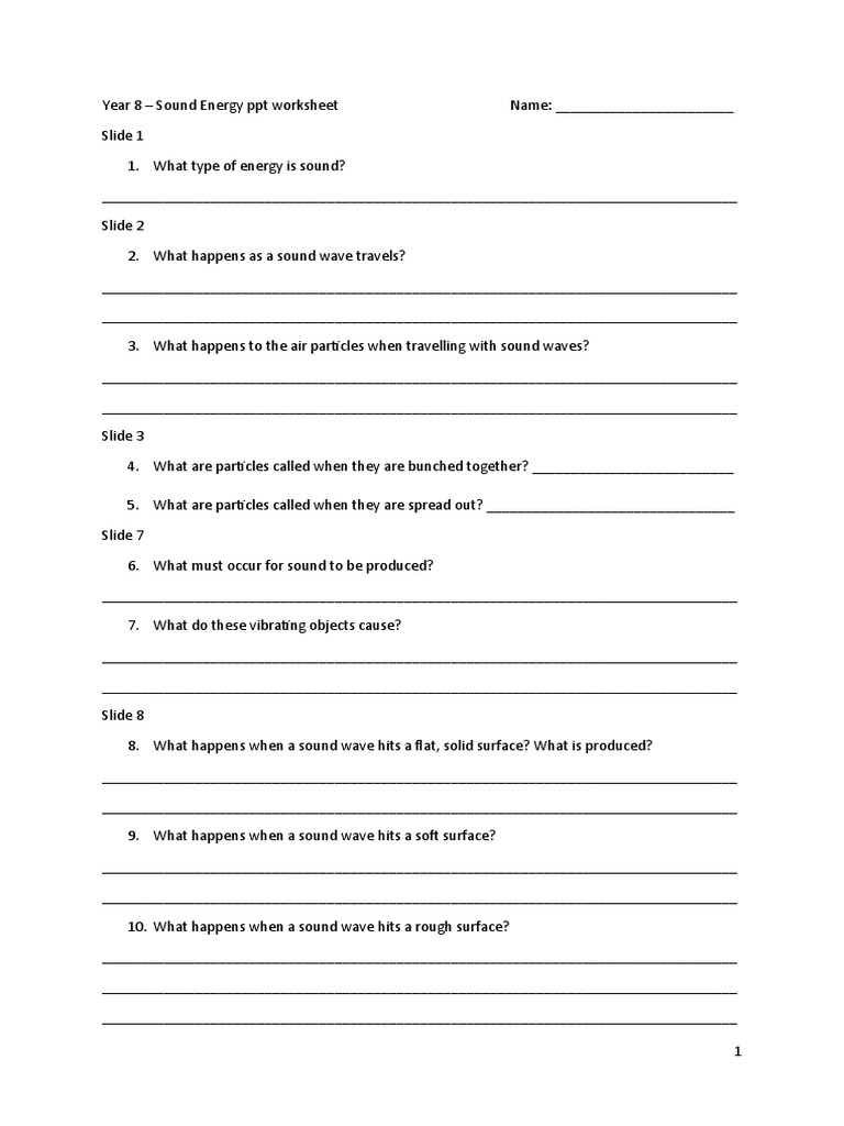 Year 8 Sound Energy PPT Worksheet PDF