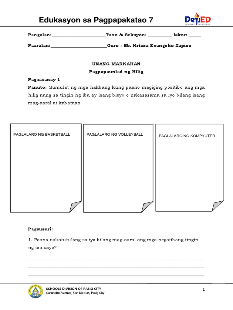 EsP 7 Q1 G.Pagsasanay 18 | PDF