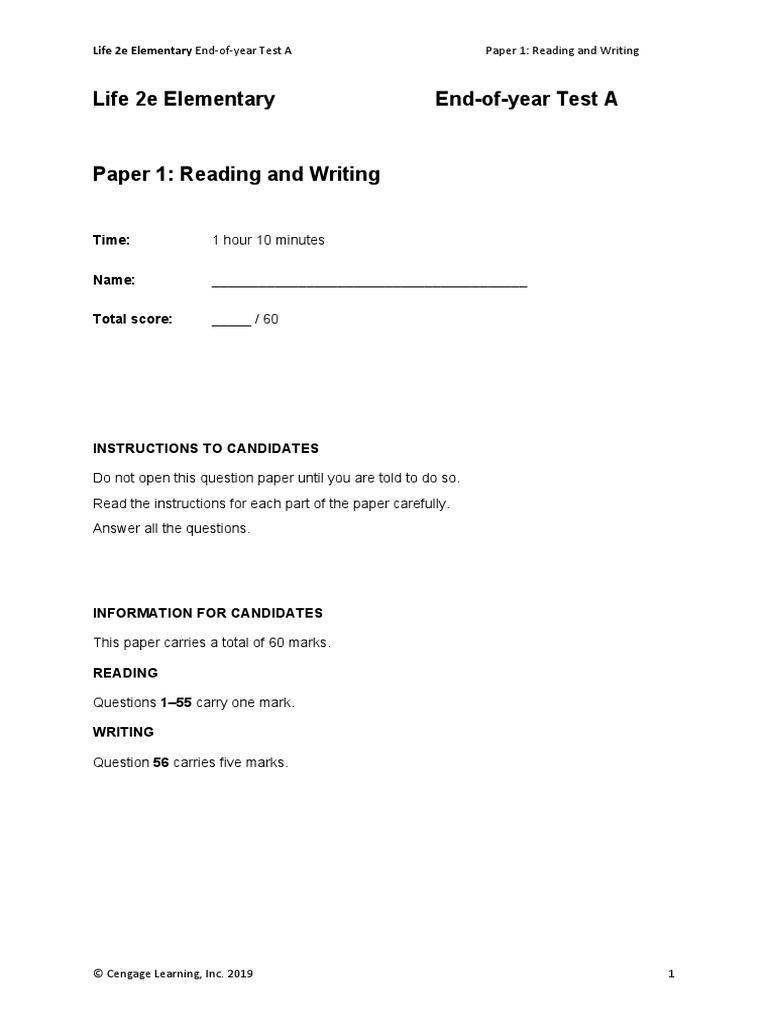 Life 2e Elem End-Of-Year TestA Paper1 | PDF | Stephen Hawking