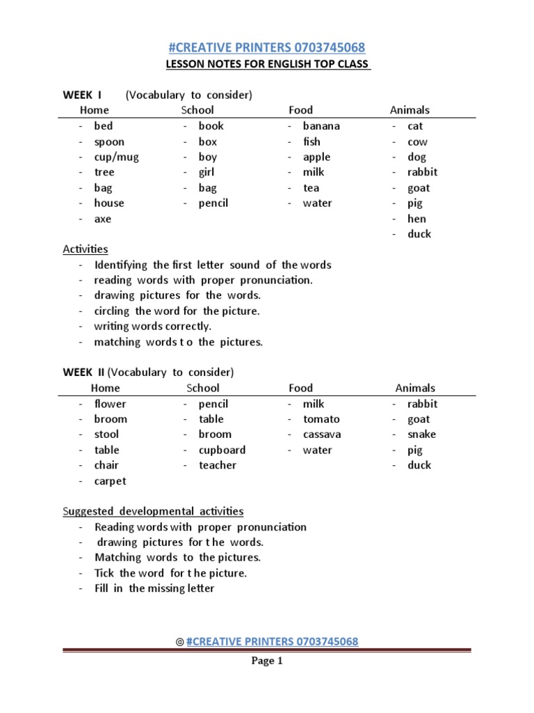 2 Lesson Notes For Top Class For English | PDF | English Language | Word