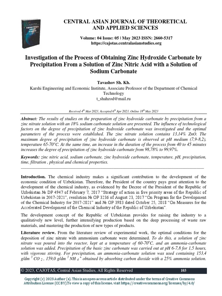 Investigation of The Process of Obtaining Zinc Hydroxide Carbonate by
