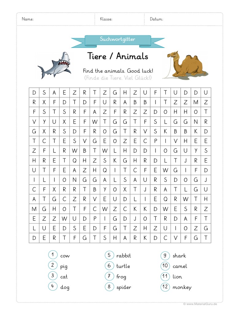 Arbeitsblatt Englisch Tiere Suchwortgitter | PDF