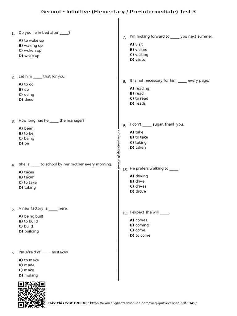 1345 - Gerund Infinitive Elementary Pre Intermediate Test 3 ...