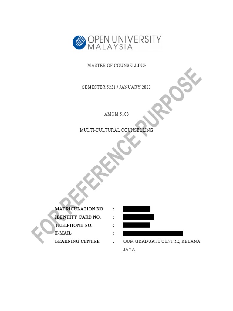 Oum Amcm5103 Multicultural Counselling Assignment For Reference