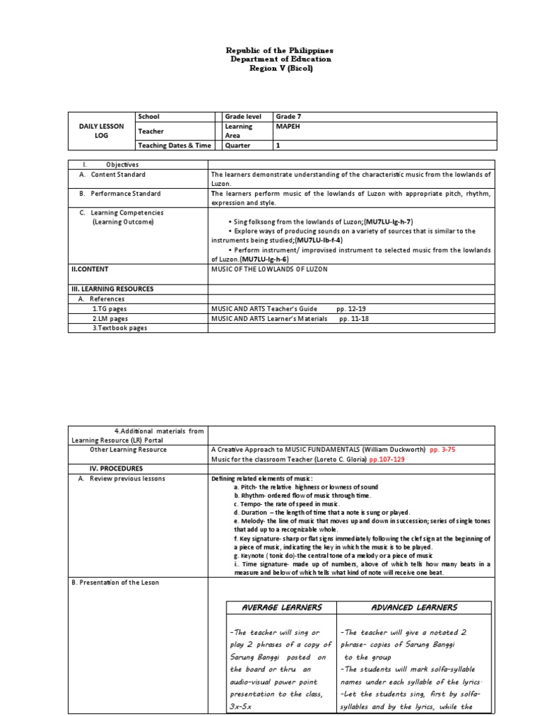 Grade 7 MAPEH Lesson Plan: Luzon Music | PDF | Songs | Musicology