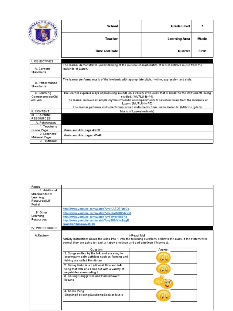 Music Learning Plan for Grade 7 | PDF | Musical Instruments | Learning