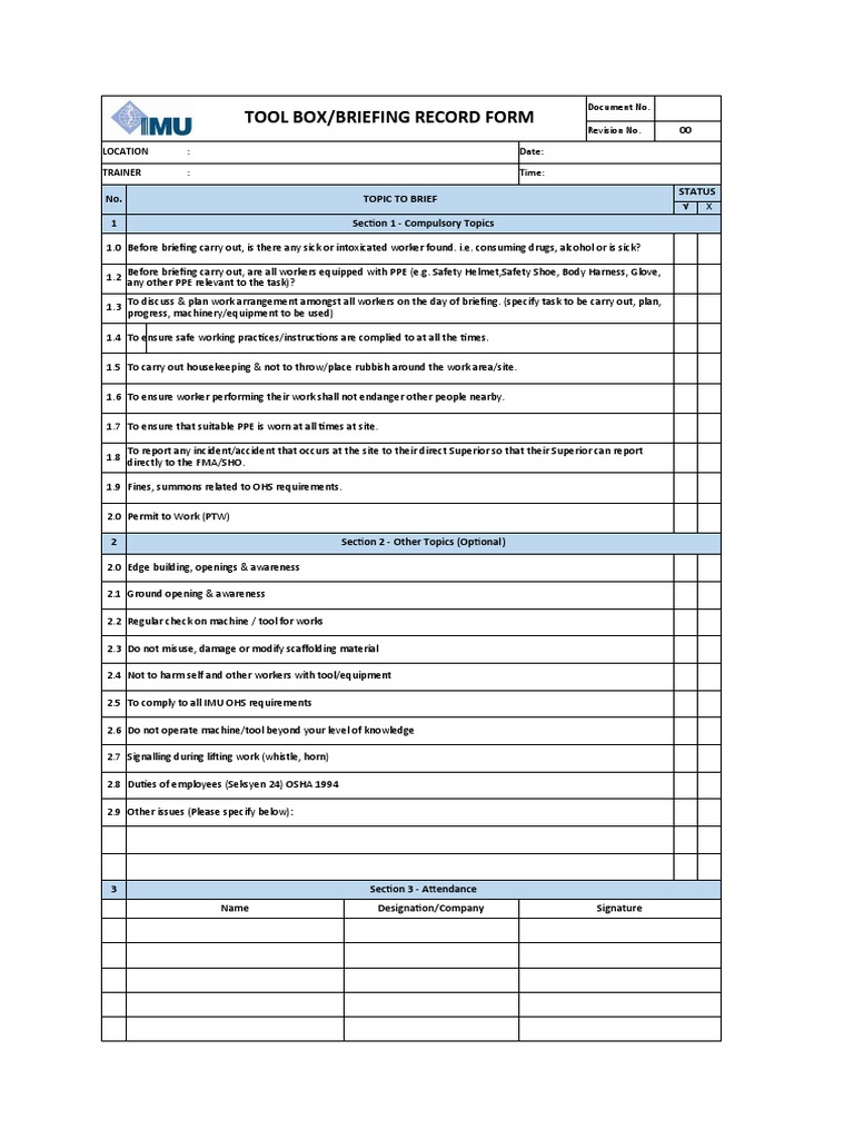 Tool Box Attendance Form PDF Personal Protective Equipment Labor Relations