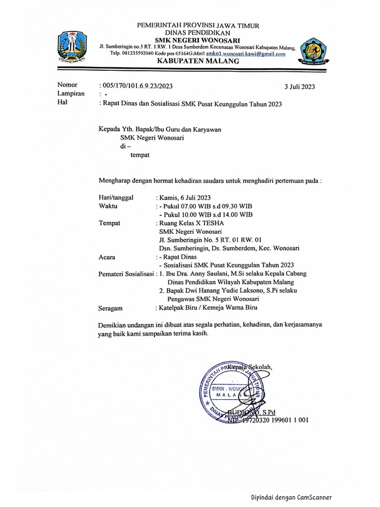 Undangan Rapat Dinas Dan Sosialisasi | PDF