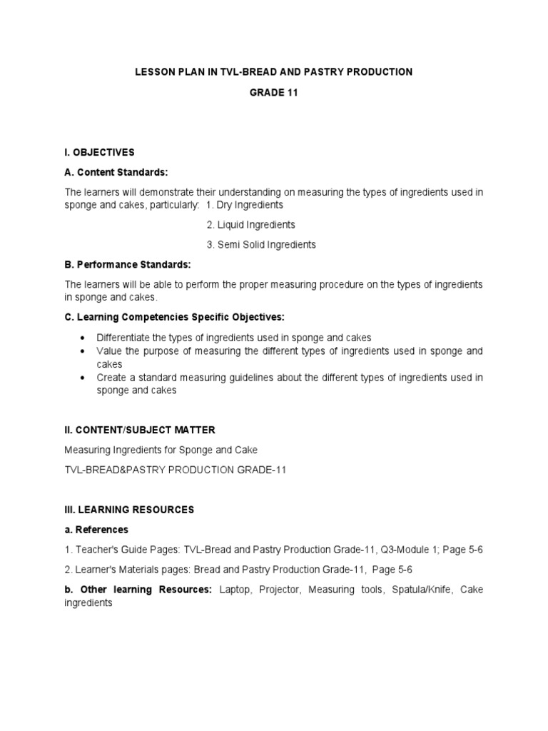 Lesson PlanBread and Pastry PDF Cakes Learning