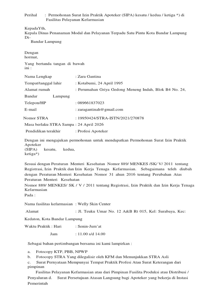 Sp Permohonan Surat Izin Praktik Apoteker Sipa Kesatu Kedua Ketiga Di