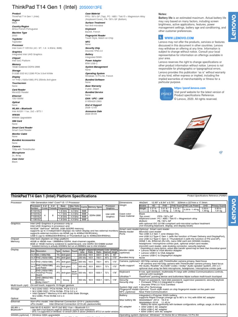 Lenovo Thinkpad t14 I7 10510u 14 16 512 Win 10 P 20s00013fe | PDF ...