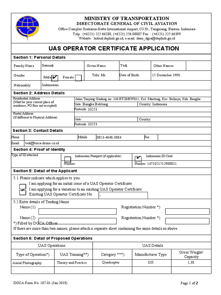 DGCA Form 107-01 UAS Operator Certificate Application Tedi S | PDF