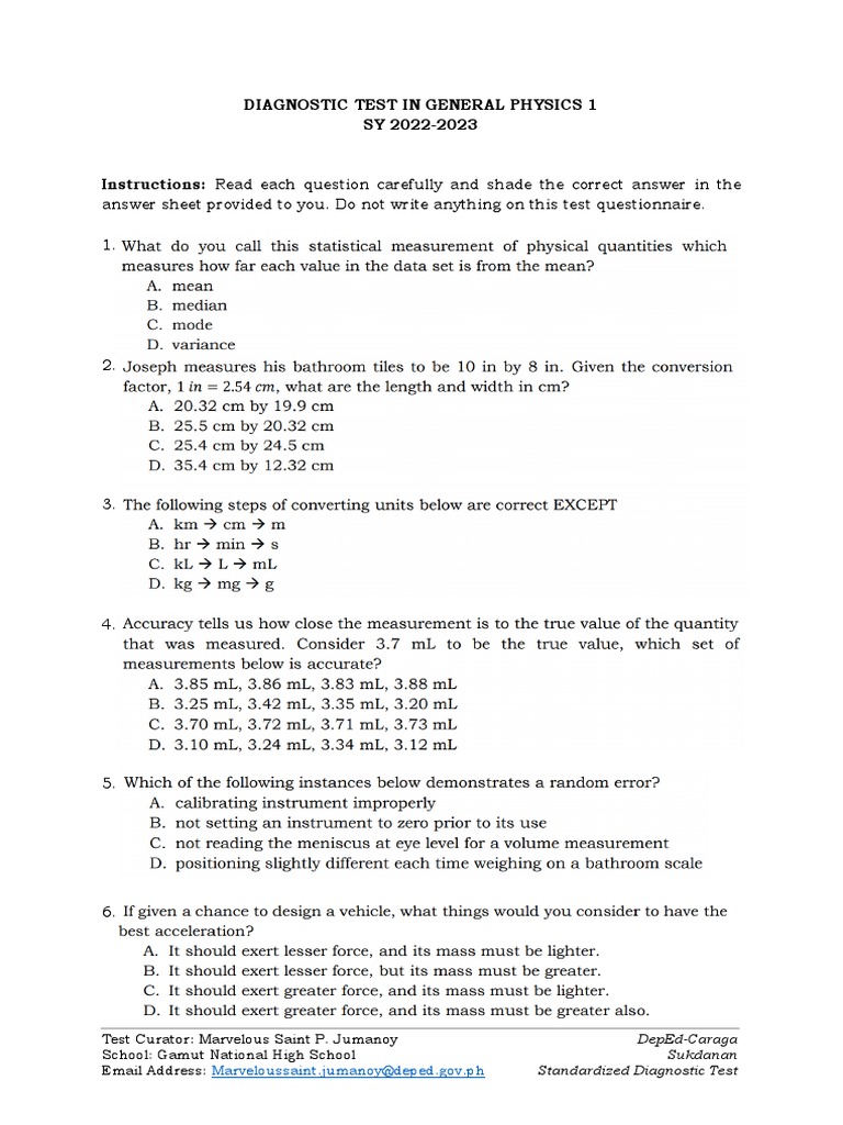 General Physics 1 Diagnostic Test | PDF | Temperature | Torque