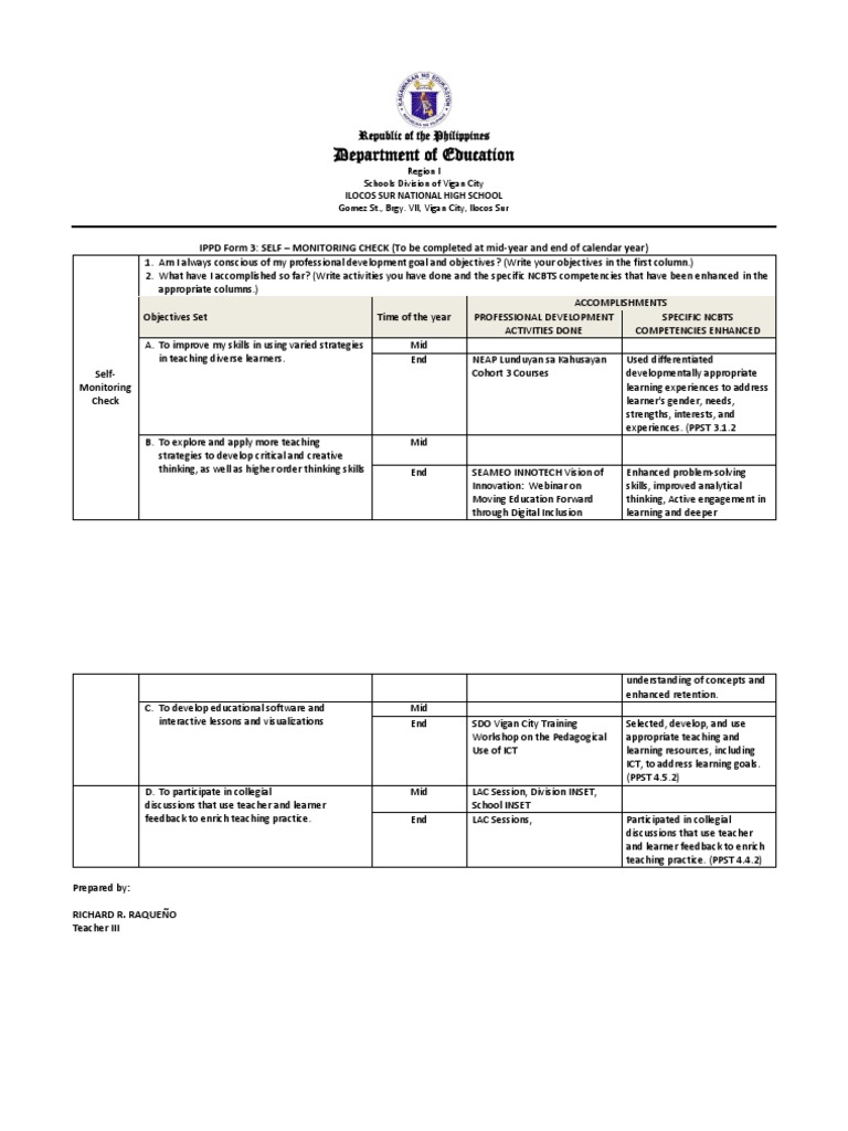 IPPD Self-Monitoring for Teachers 2024 | PDF | Educational Technology ...