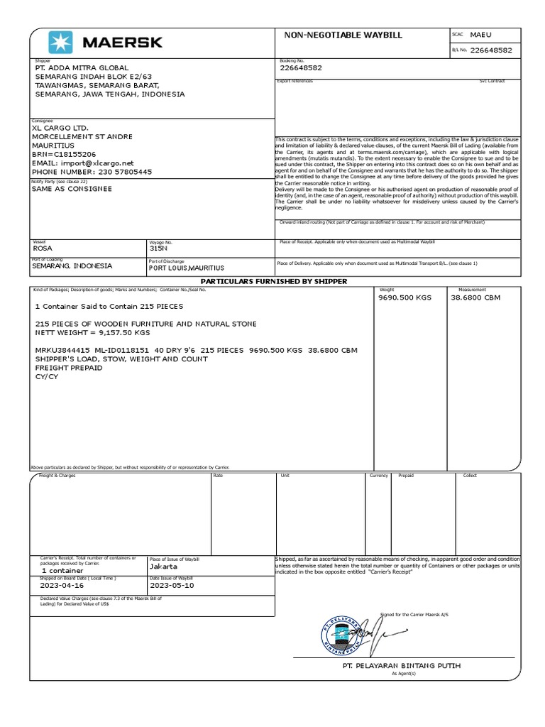 SWB Mauritius | PDF | Bill Of Lading | Consignee