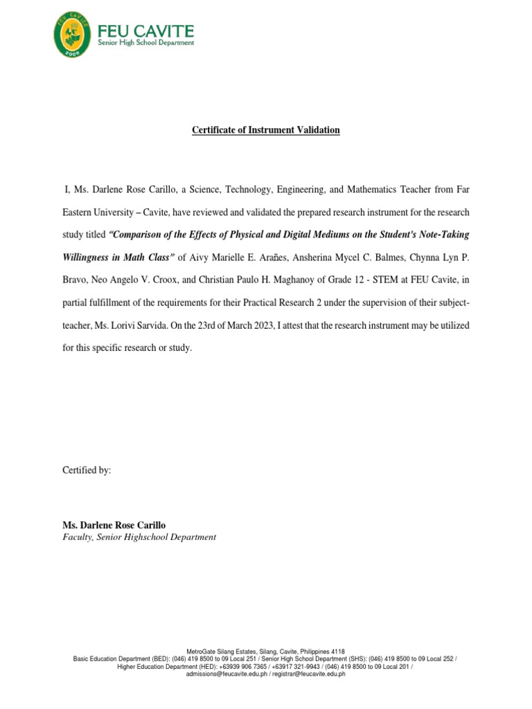 Ms. Carillo - Certificate of Instrument Validation | PDF