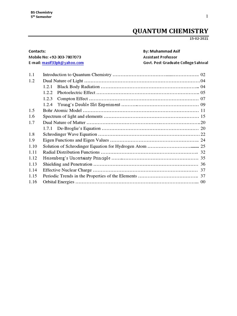 Research Introduction To Quantum Chemistry