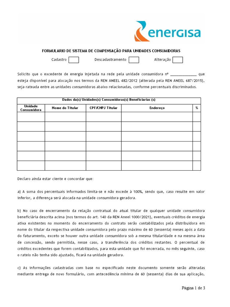 Formulario de Sistema de Compensação de Unidades Consumidoras Energisa ...