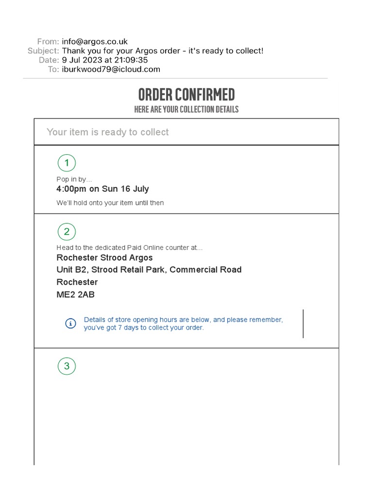 Thank You For Your Argos Order - It's Ready To Collect! | PDF ...