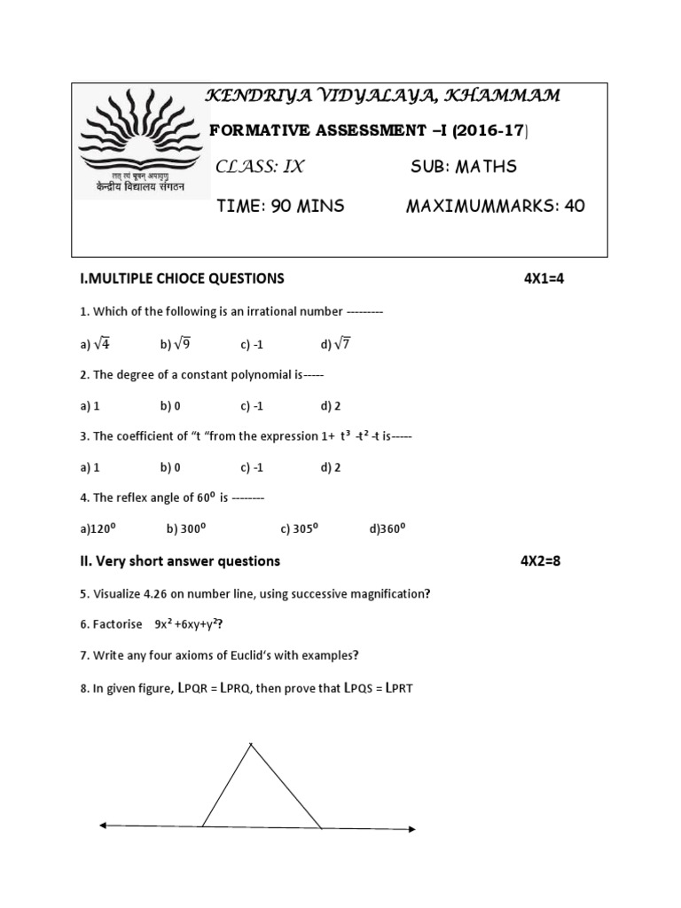 KVS Class 9 PT1 Maths Sample Question Paper 2016 PDF Numbers