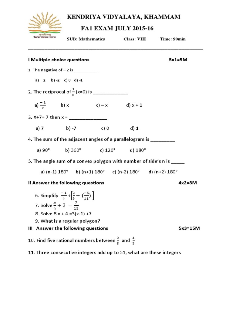 KVS Class 8 PT1 Maths Sample Question Paper 2015 Download Free PDF