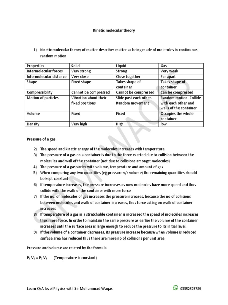 Kinetic Molecular Theory Overview | PDF | Gases | Pressure