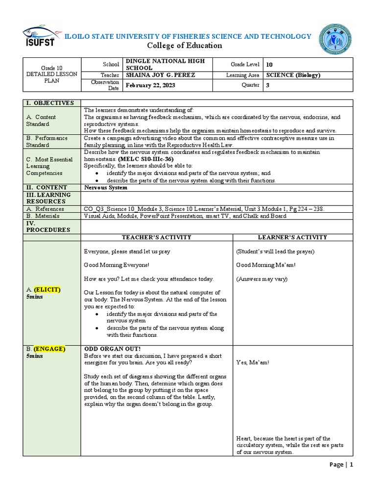 Grade 10 Nervous System Lesson Plan | PDF | Self-Improvement