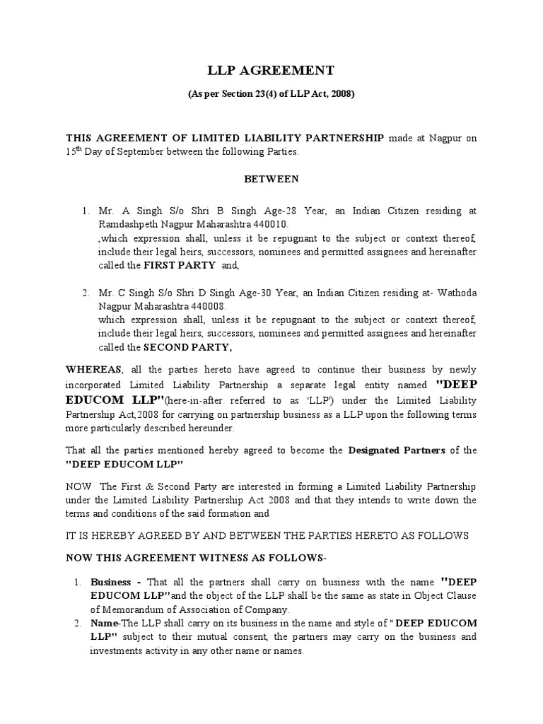 LLP Agreement for Deep Educom LLP | PDF