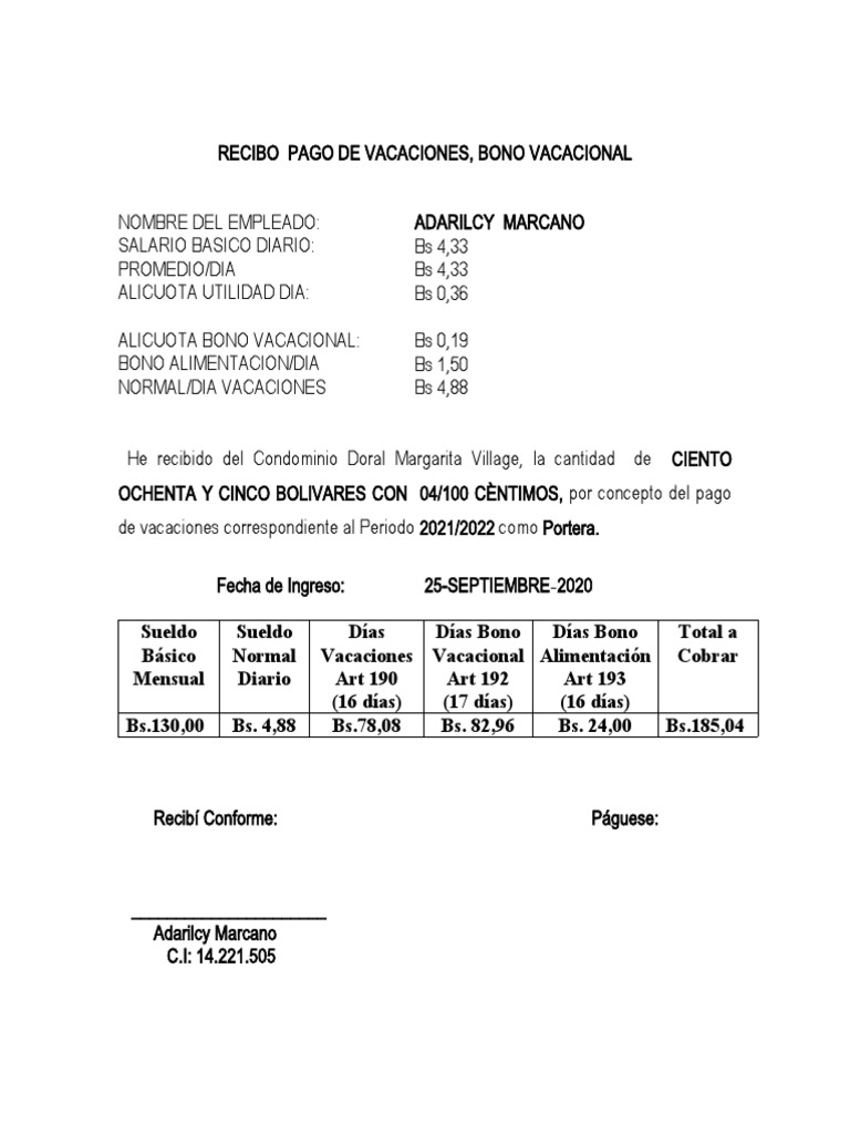 Recibo de Pago de Vacaciones 2021/2022 | PDF