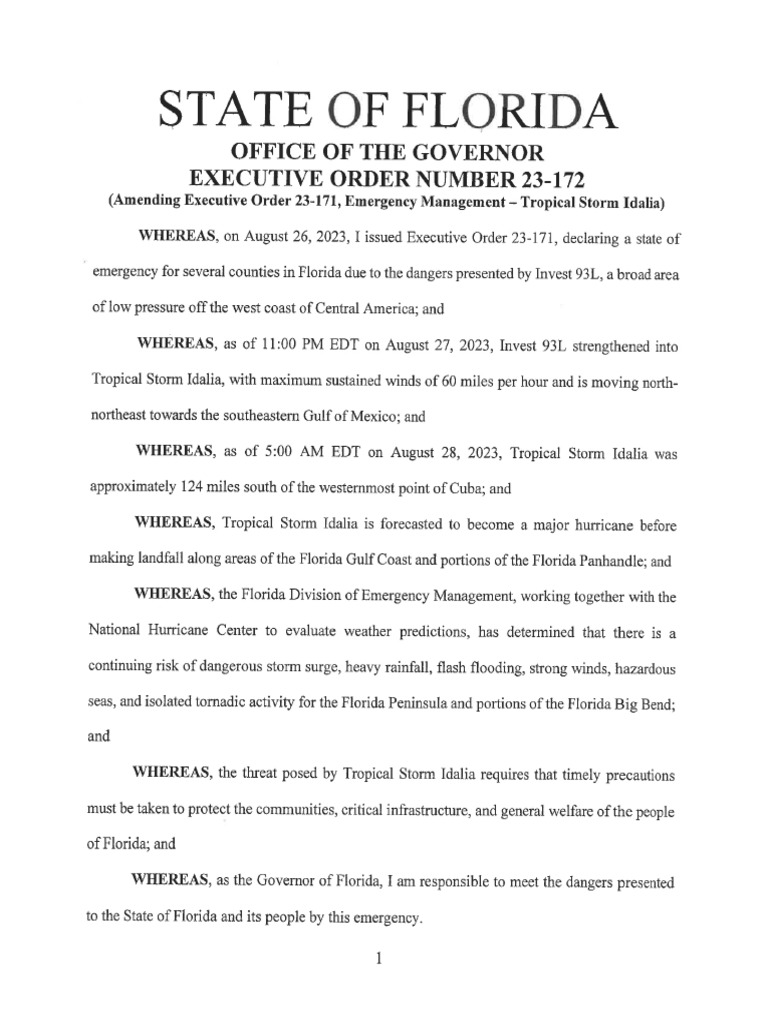 Florida Emergency Order for Tropical Storm Idalia | PDF | Tropical ...