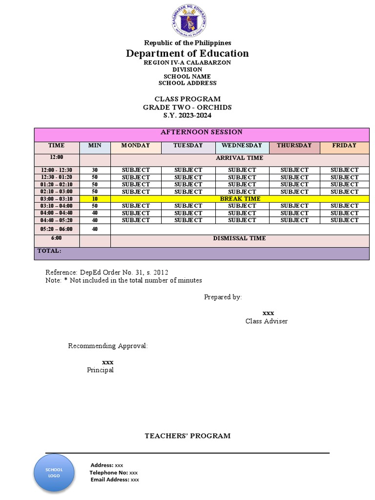 Grade 2 Class Program 2023-2024 | PDF