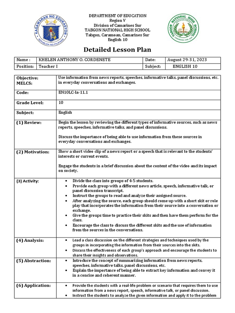 LESSON PLAN Use Information From News Reports, Speeches, Informative ...