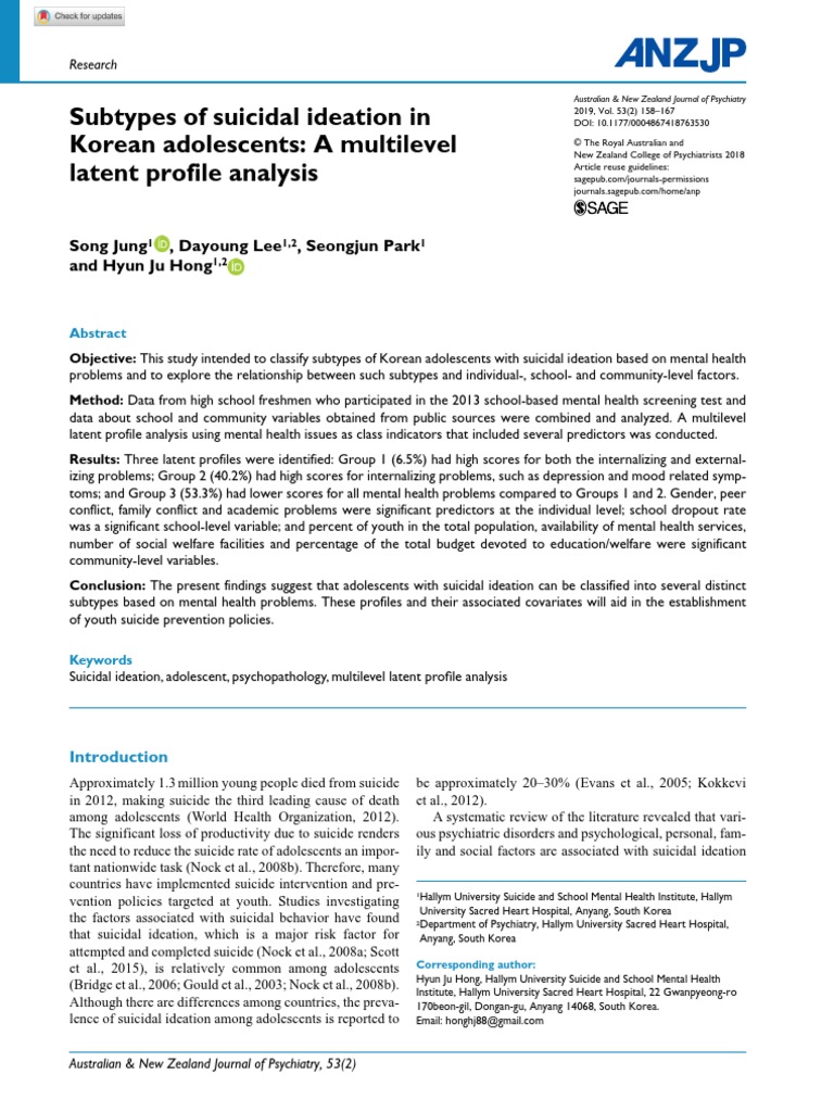 Subtypes of Suicidal Ideation in Korean Adolescents: A Multilevel ...