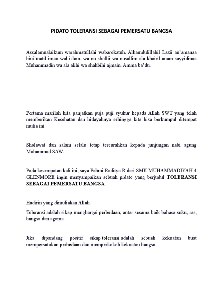 Pidato Toleransi Sebagai Pemersatu Bangsa PDF Agama & Spiritualitas