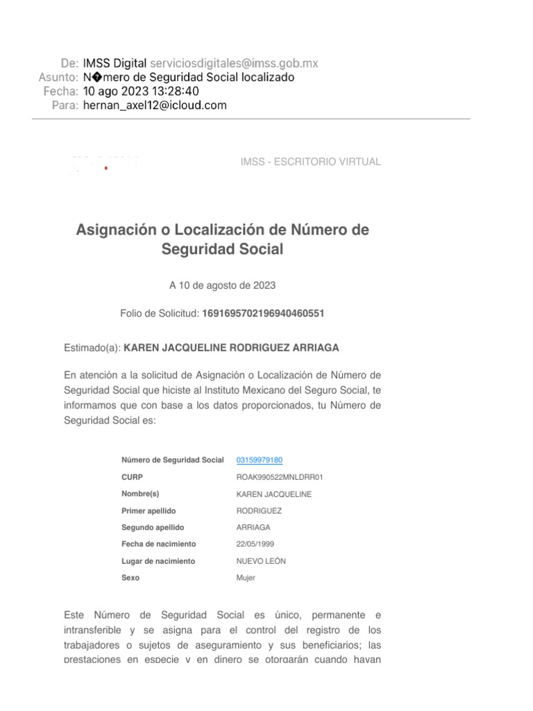 N Mero De Seguridad Social Localizado PDF