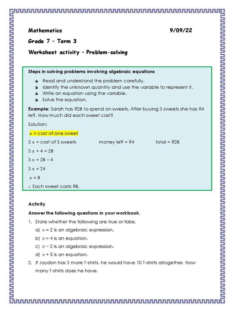 Mathematics Grade 7 - Problem-Solving Worksheet | PDF