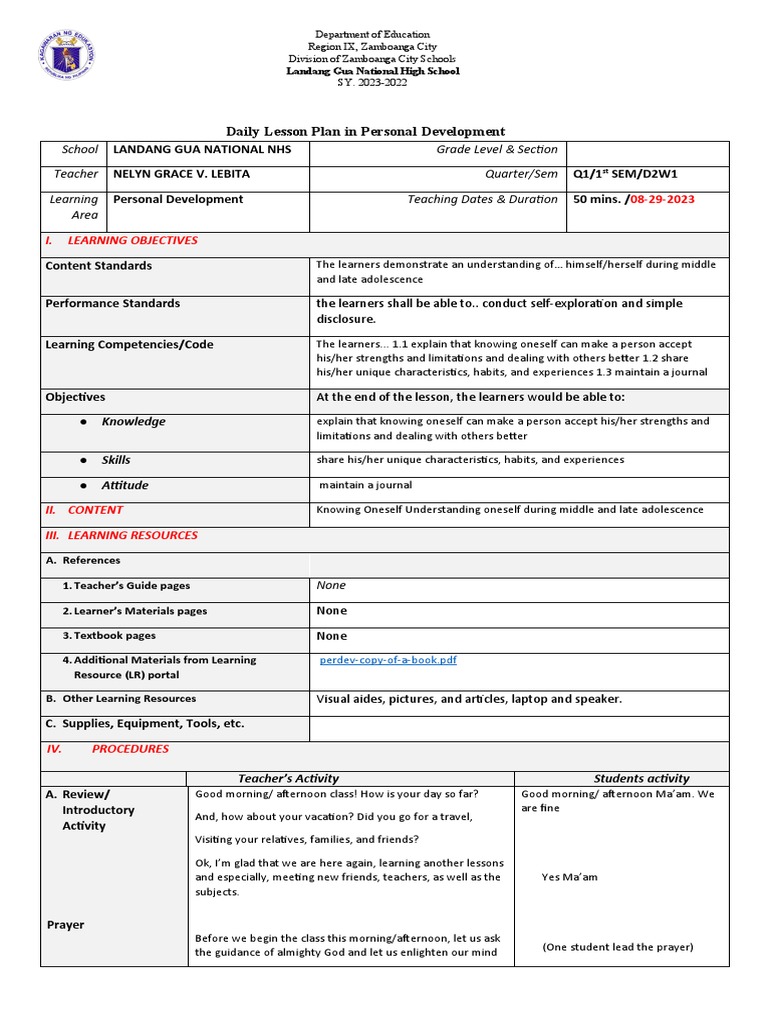 Self Concept Learning Activities