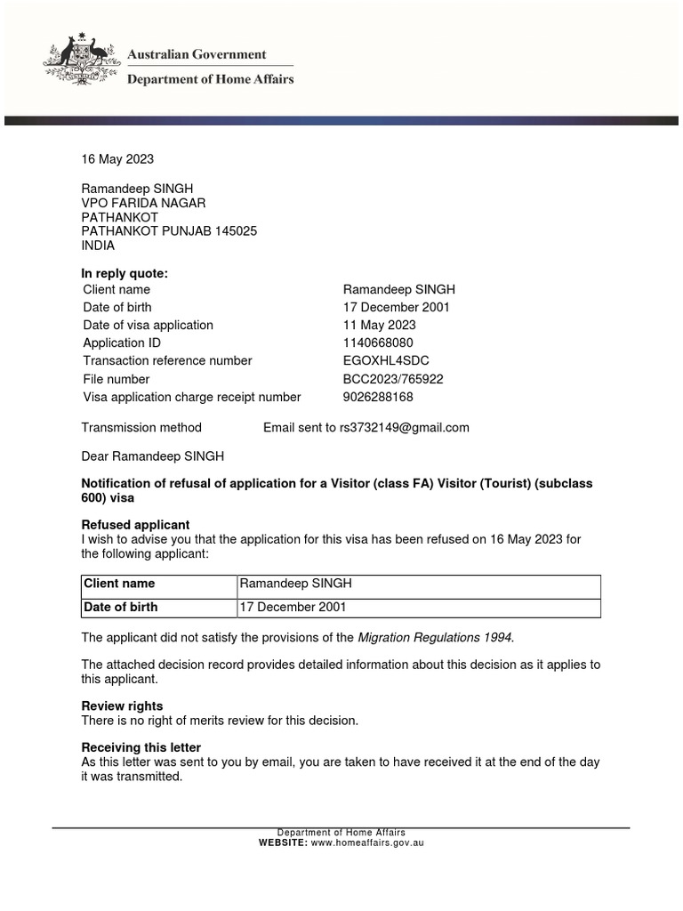 Visitor Visa 600 Refusal Notification | PDF | Travel Visa | Employment