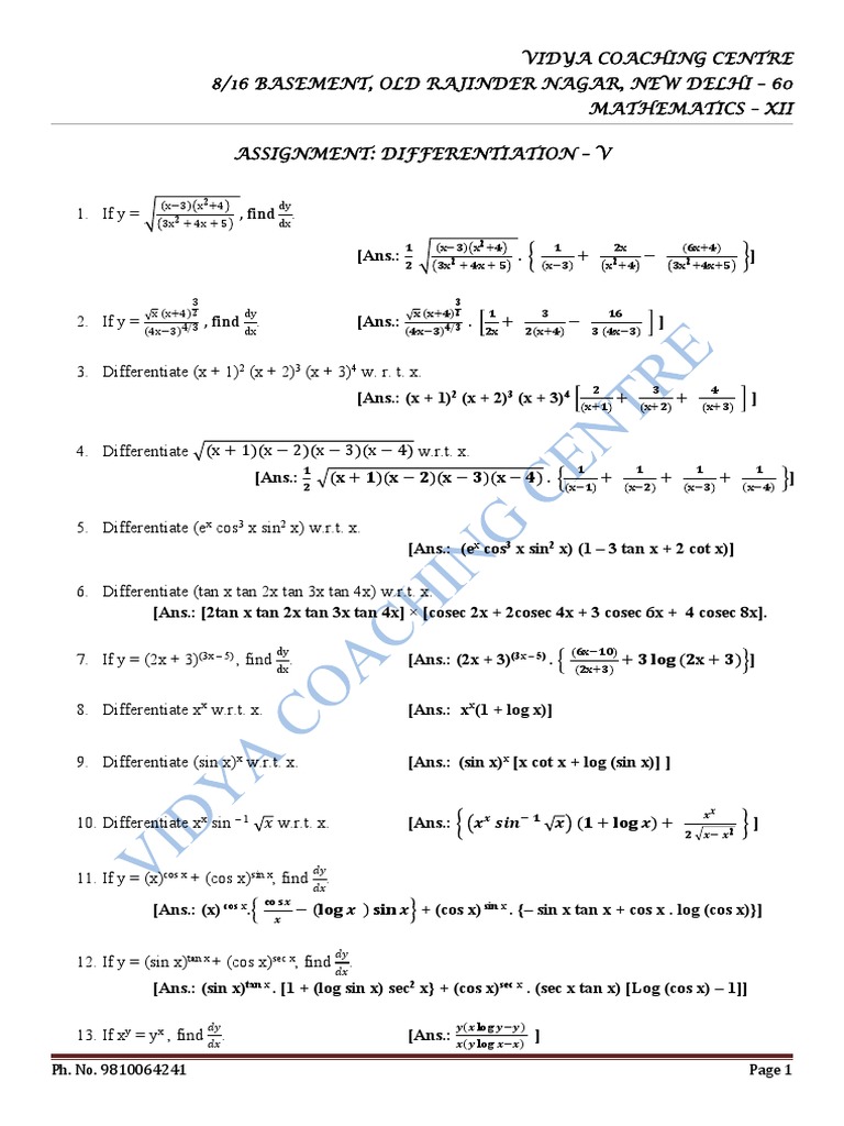 Differentiation Assignment for XII Math | PDF