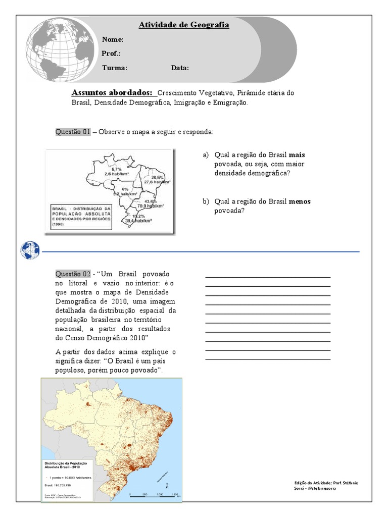 Atividade 7 Ano - Geo - Crescimento Vegetativo - Pirâmide Etária Do ...