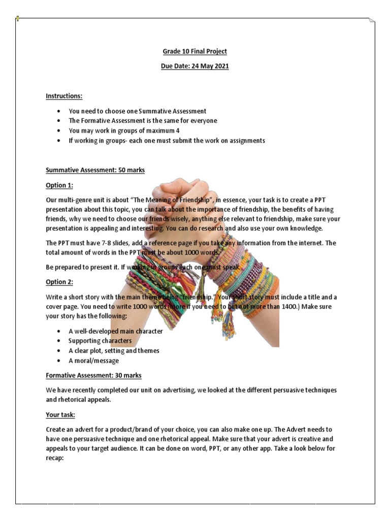 Grade 10 Friendship Project Guidelines | PDF | Career & Growth