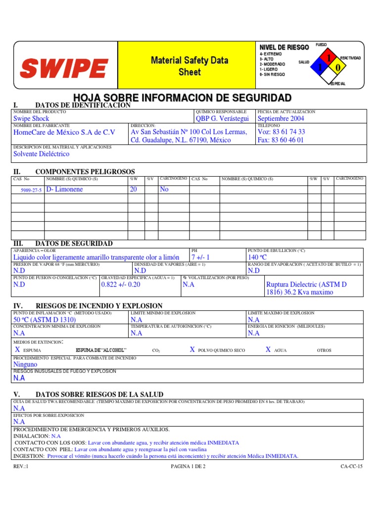 Hoja de Seguridad: Swipe Shock | PDF | Agua | Naturaleza