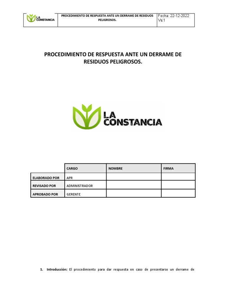 Procedimiento de Respuesta Ante Un Derrame de Residuos Peligrosos - LC ...