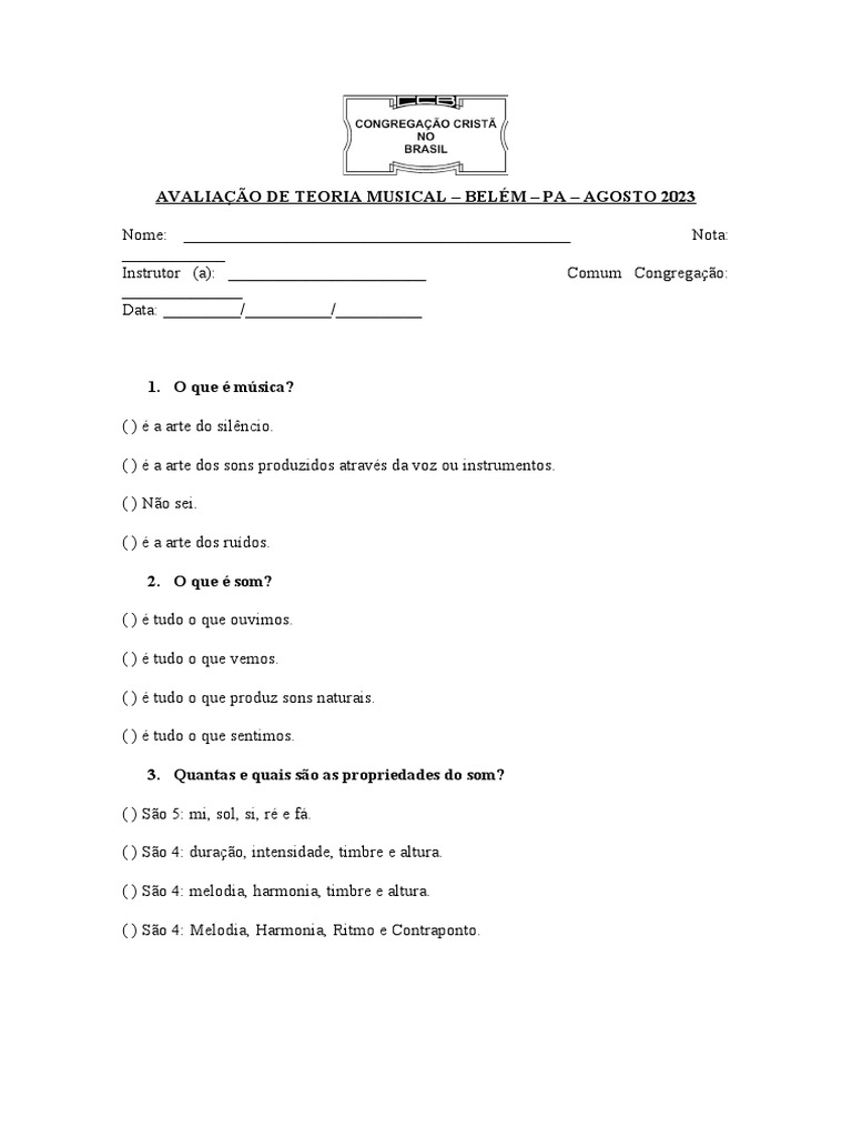 Avaliação de Teoria Musica1 | PDF | Intervalo (música) | Composições ...