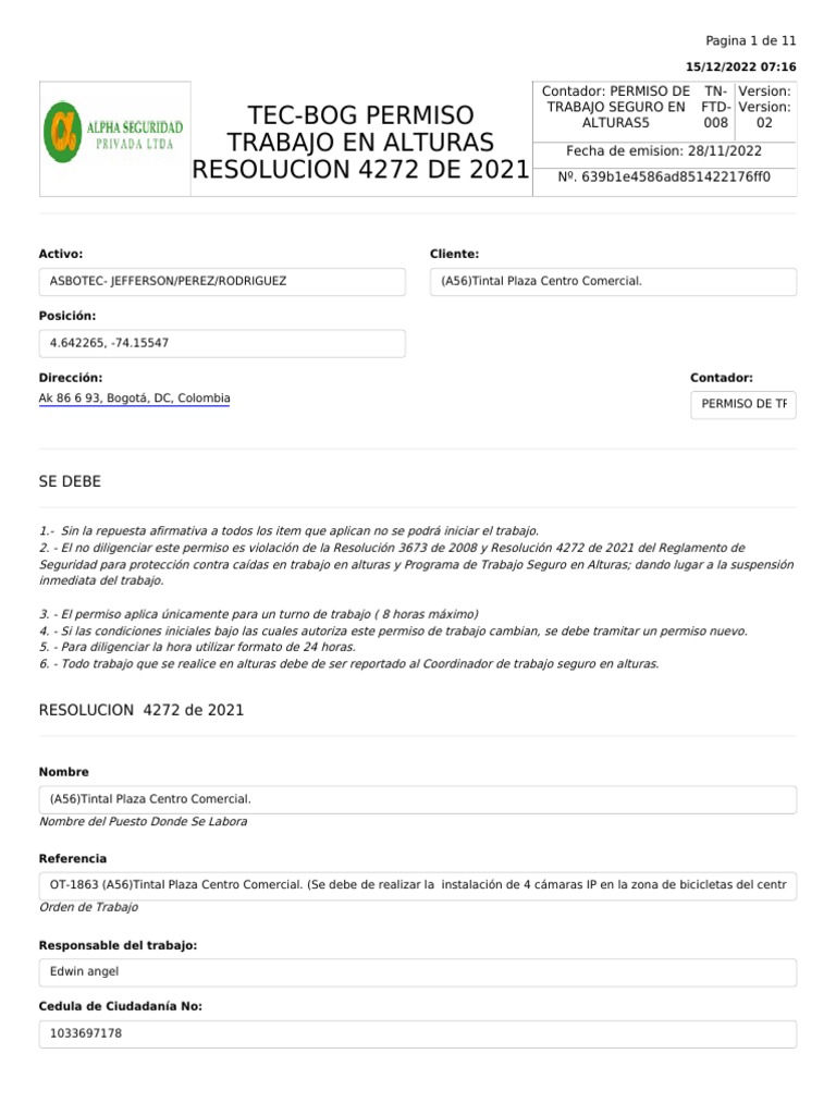 Procedimiento De Trabajo Seguro En Alturas Resolucion 4272