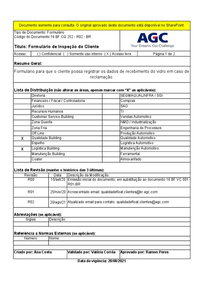 16 BF CQ 252 R02 BR Formulário de Inspeção Do Cliente | PDF