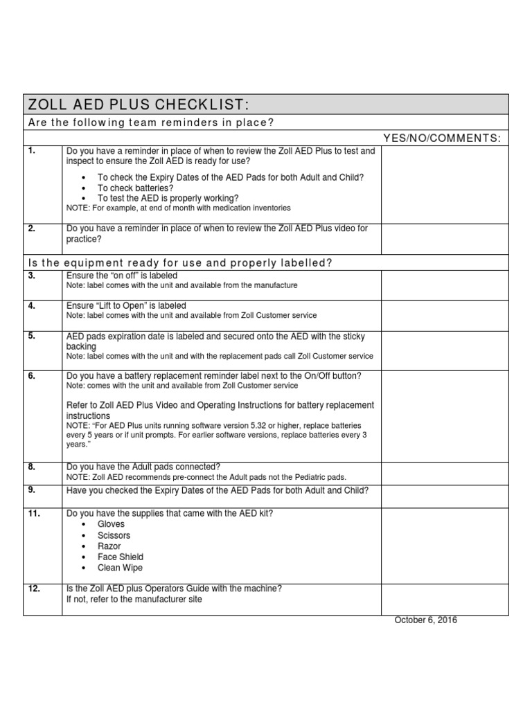 Zoll A Ed Plus Checklist | PDF | Business for Free Printable Monthly Aed Monthly Inspection Log